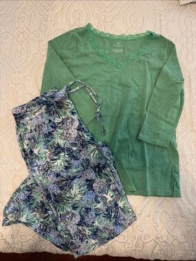 Talbots Green Lace-Trim Knit Top with Printed Pajama Pants